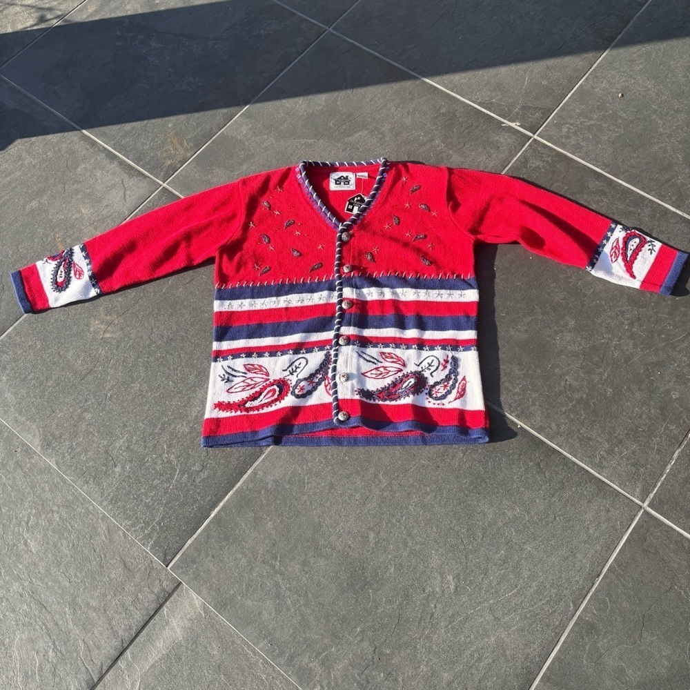 Vintage Storybook Knits American Paisley Patriotic Cardigan – Deadstock (NWT) - Picture 4 of 6